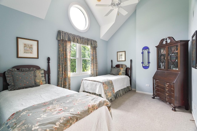 674 Foxdale Ave, Winnetka, IL 60093 - bedroom featuring carpet, high vaulted ceiling, and a ceiling fan