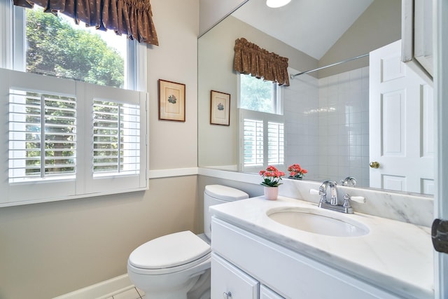 674 Foxdale Ave, Winnetka, IL 60093 - full bathroom featuring vanity, vaulted ceiling, and a shower