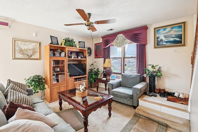 12755 S Kenneth Ave Unit E, Alsip, IL 60803 - living room with ceiling fan, light carpet, and a textured ceiling