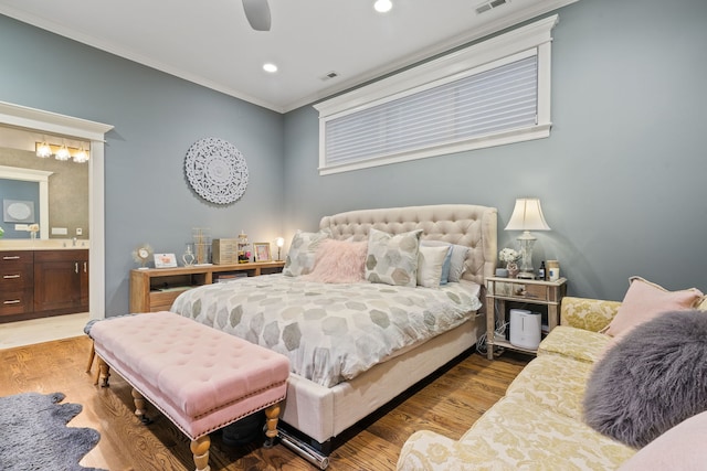 663 W Wellington Ave Unit 1, Chicago, IL 60657 - bedroom with ornamental molding, wood finished floors, ensuite bathroom, recessed lighting, and a ceiling fan