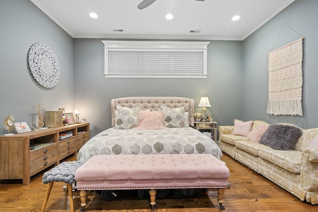 663 W Wellington Ave Unit 1, Chicago, IL 60657 - bedroom featuring ornamental molding, wood finished floors, recessed lighting, and a ceiling fan