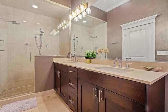 663 W Wellington Ave Unit 1, Chicago, IL 60657 - full bath with a shower stall, double vanity, tile patterned flooring, crown molding, and recessed lighting