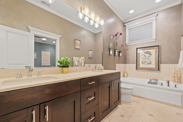663 W Wellington Ave Unit 1, Chicago, IL 60657 - full bathroom featuring double vanity, tile patterned flooring, toilet, a bath, and ornamental molding