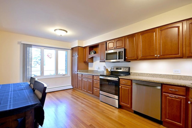 505 N Kenilworth Ave Unit 3, Glen Ellyn, IL 60137 - kitchen with appliances with stainless steel finishes, a baseboard heating unit, light wood finished floors, open shelves, and brown cabinets