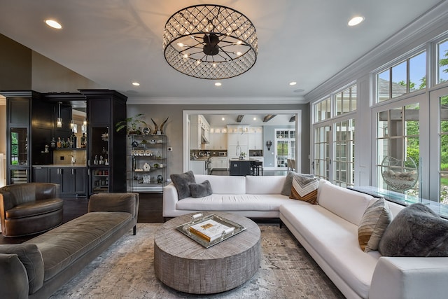 1308 N Wright St, Naperville, IL 60563 - living room with a dry bar, ornamental molding, and recessed lighting