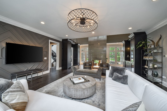 1308 N Wright St, Naperville, IL 60563 - living room with ornamental molding, dark wood-style floors, and recessed lighting