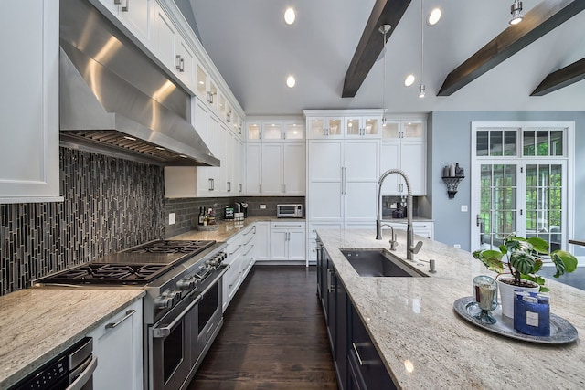 1308 N Wright St, Naperville, IL 60563 - kitchen featuring exhaust hood, double oven range, beamed ceiling, recessed lighting, and light stone countertops
