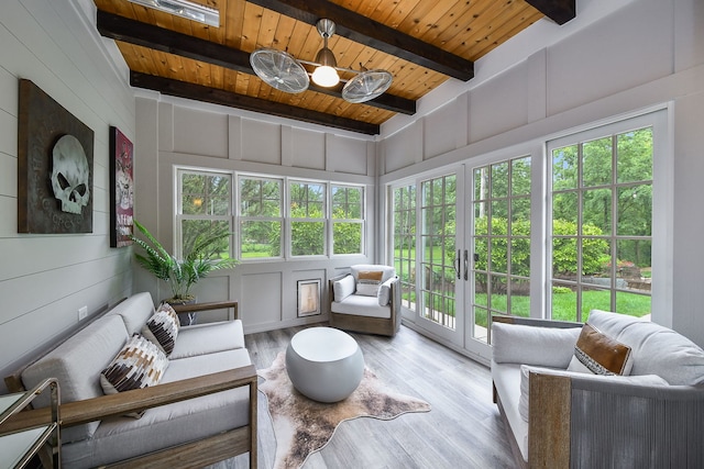 1308 N Wright St, Naperville, IL 60563 - sunroom / solarium featuring french doors, a wood ceiling with exposed beams, a decorative wall, and wood finished floors