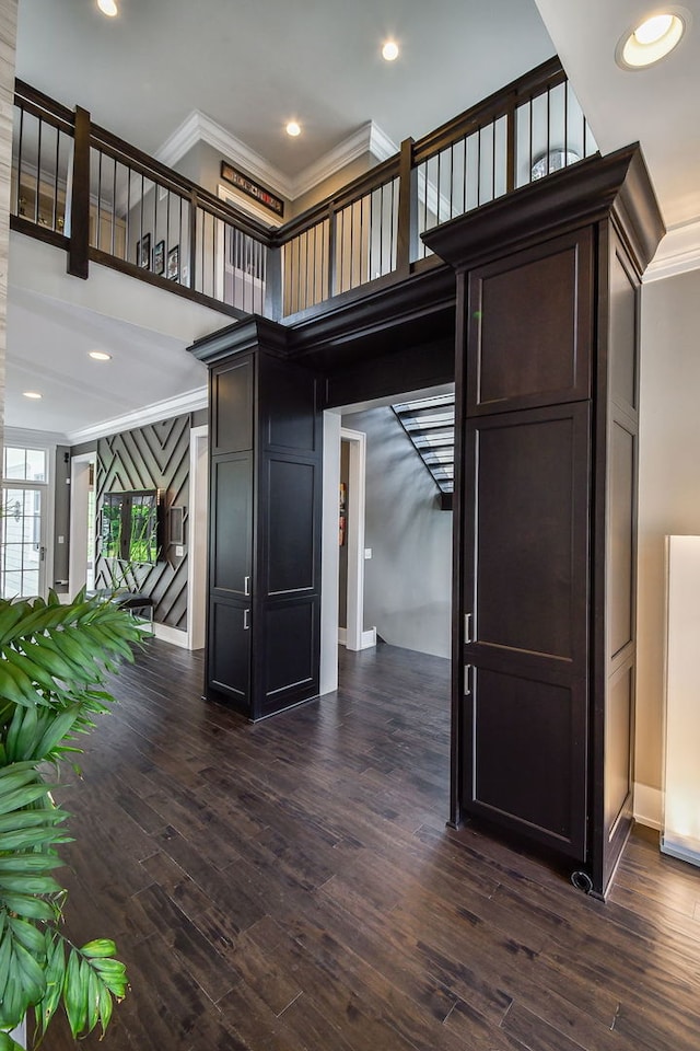 1308 N Wright St, Naperville, IL 60563 - interior space with crown molding, wood finished floors, a high ceiling, and recessed lighting