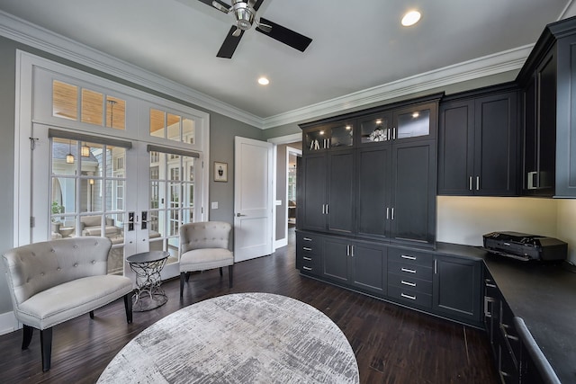1308 N Wright St, Naperville, IL 60563 - sitting room with french doors, a ceiling fan, ornamental molding, dark wood-style flooring, and recessed lighting