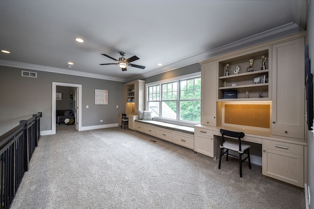 1308 N Wright St, Naperville, IL 60563 - office featuring crown molding, built in desk, ceiling fan, light colored carpet, and recessed lighting