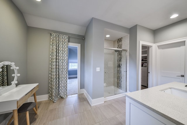1308 N Wright St, Naperville, IL 60563 - bathroom with vanity, a shower stall, a walk in closet, and recessed lighting