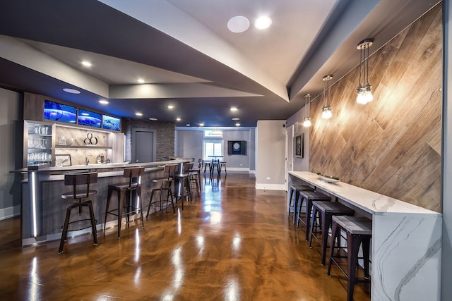 1308 N Wright St, Naperville, IL 60563 - indoor wet bar with concrete flooring, recessed lighting, a raised ceiling, and hanging light fixtures
