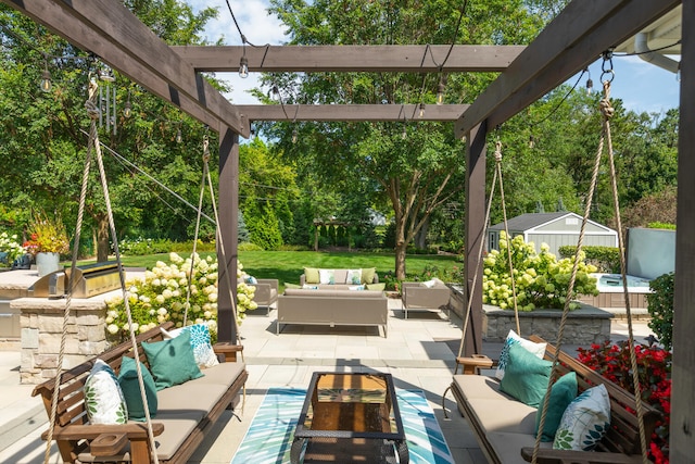 1308 N Wright St, Naperville, IL 60563 - view of patio / terrace with an outdoor living space, a pergola, an outbuilding, and view of wooded area