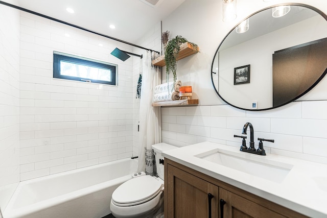 3N544 Bittersweet Rd, Saint Charles, IL 60175 - bathroom featuring vanity, shower / bathtub combination with curtain, tile walls, toilet, and backsplash