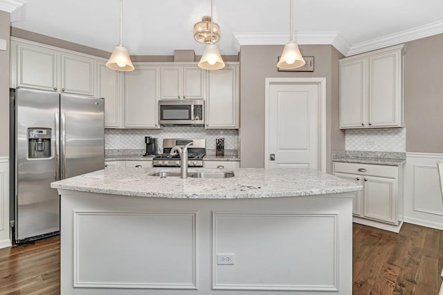 16127 W Switch Grass Rd, Lockport, IL 60441 - kitchen with stainless steel appliances, dark wood-style floors, decorative backsplash, an island with sink, and light stone counters