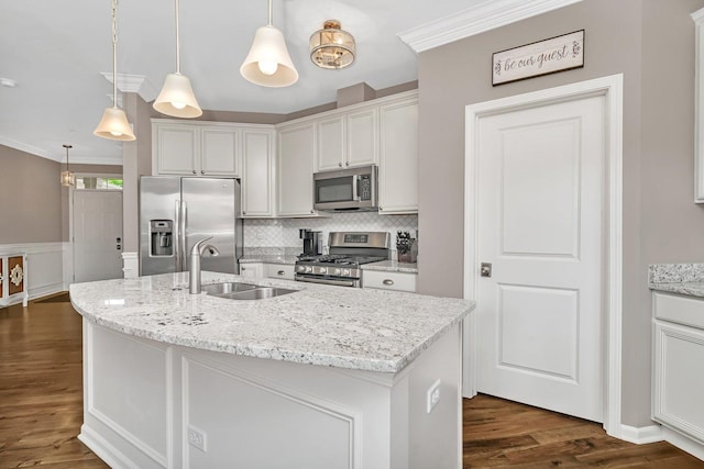 16127 W Switch Grass Rd, Lockport, IL 60441 - kitchen featuring appliances with stainless steel finishes, a sink, dark wood-style floors, decorative backsplash, and white cabinets