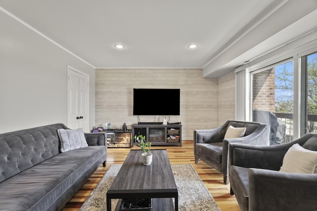 990 Perrie Dr Unit 201, Elk Grove Village, IL 60007 - living room with recessed lighting, light wood-type flooring, an accent wall, and ornamental molding