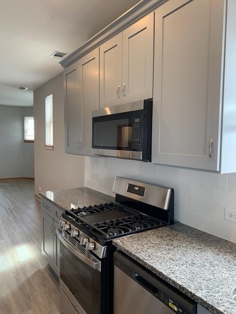 3116 S Canal St, Chicago, IL 60616 - kitchen with stainless steel appliances, light wood-style floors, decorative backsplash, and light stone counters