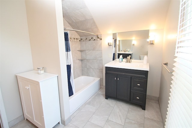 5724 Pierce Ln, South Beloit, IL 61080 - bathroom featuring shower / bath combo, vanity, and vaulted ceiling