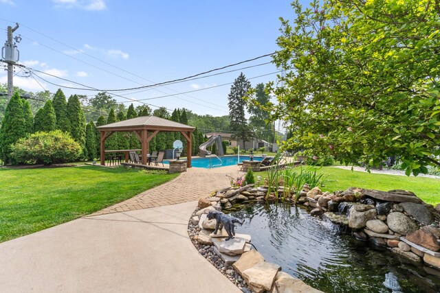 11111 Doogan Ave, Willow Springs, IL 60480 - outdoor pool with a water slide, a gazebo, a yard, and a patio area
