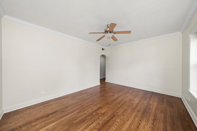 4860 W Warner Ave Unit 1, Chicago, IL 60641 - unfurnished room with arched walkways, a ceiling fan, ornamental molding, baseboards, and dark wood finished floors