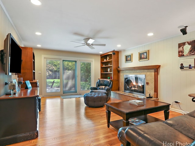 275 Surrey Ln, Barrington, IL 60010 - living area featuring ceiling fan, crown molding, a fireplace, recessed lighting, and wood finished floors