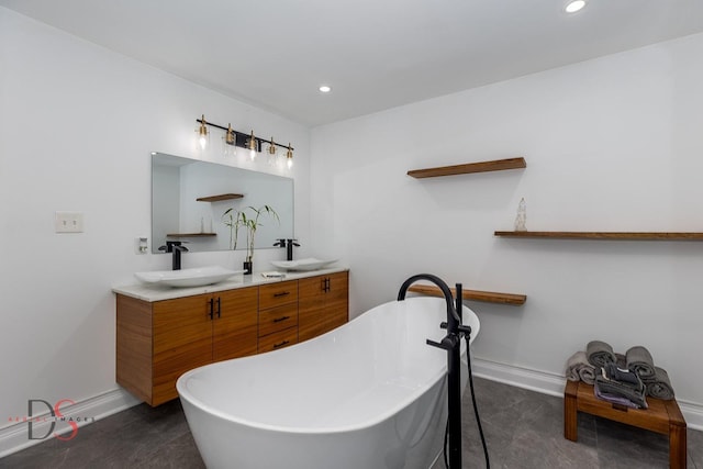 2531 E 1669th Rd, Ottawa, IL 61350 - full bathroom with double vanity, a freestanding tub, recessed lighting, and baseboards