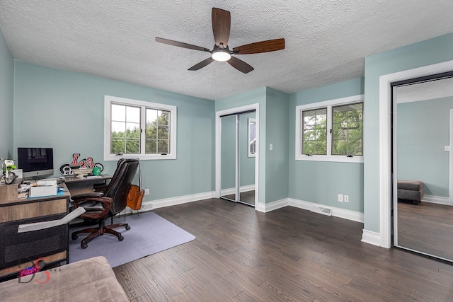 2531 E 1669th Rd, Ottawa, IL 61350 - office space featuring a ceiling fan, baseboards, healthy amount of natural light, dark wood-style flooring, and a textured ceiling