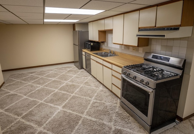1707 Frediani Ct, Mount Prospect, IL 60056 - kitchen with appliances with stainless steel finishes, a sink, under cabinet range hood, baseboards, and light colored carpet