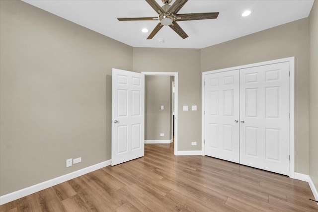 3311 Memory Ln E, Unit East, Urbana, IL 61802 - unfurnished bedroom featuring light wood-type flooring, baseboards, a closet, recessed lighting, and ceiling fan