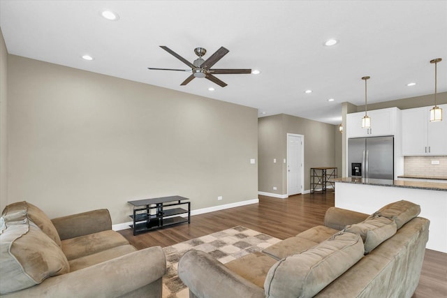 3311 Memory Ln E, Unit East, Urbana, IL 61802 - living room with dark wood-type flooring, a ceiling fan, recessed lighting, and baseboards