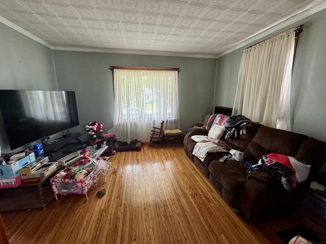 236 S Randolph St, Princeton, IL 61356 - living area with ornamental molding, an ornate ceiling, and wood finished floors