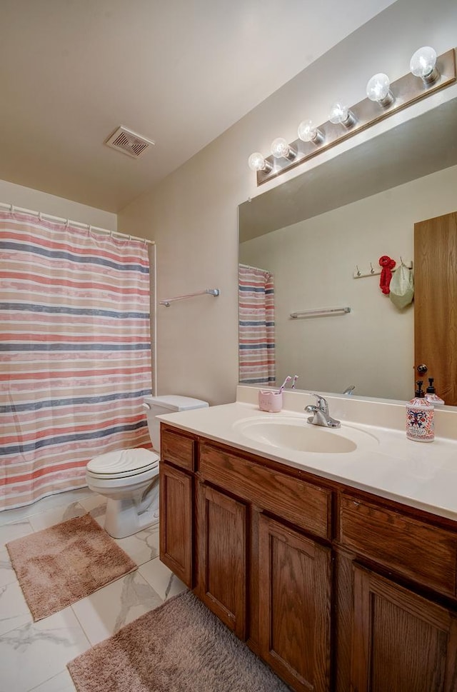 14005 Danbury Dr, Plainfield, IL 60544 - bathroom featuring vanity, marble look tiles, and a shower with shower curtain