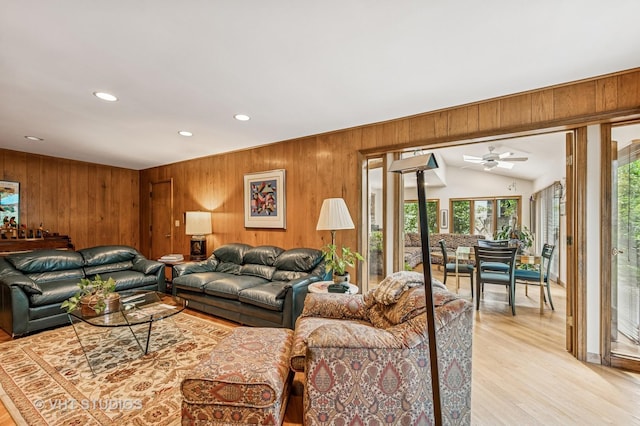 2620 Marian Ln, Wilmette, IL 60091 - living area featuring wood walls, light wood-style flooring, recessed lighting, and a ceiling fan
