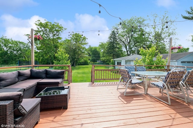 408 S Cedar Rd, New Lenox, IL 60451 - deck with an outdoor living space, outdoor dining area, view of scattered trees, and a yard