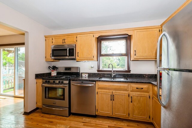 408 S Cedar Rd, New Lenox, IL 60451 - kitchen with appliances with stainless steel finishes, plenty of natural light, light wood finished floors, and dark stone countertops