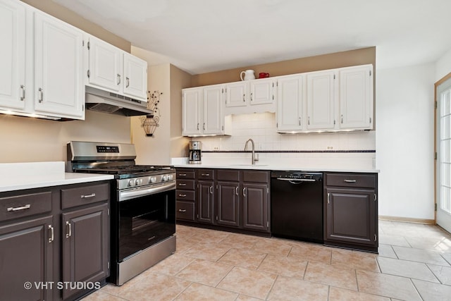 735 Rolling Dr, Lisle, IL 60532 - kitchen with stainless steel range with gas stovetop, black dishwasher, under cabinet range hood, white cabinetry, and decorative backsplash