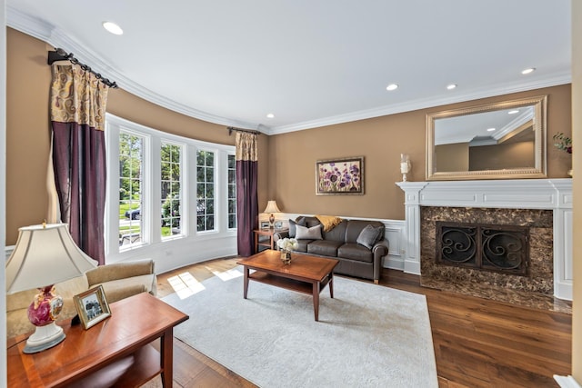 655 Thornwood Dr, Naperville, IL 60540 - living room featuring ornamental molding, a high end fireplace, recessed lighting, and dark wood finished floors