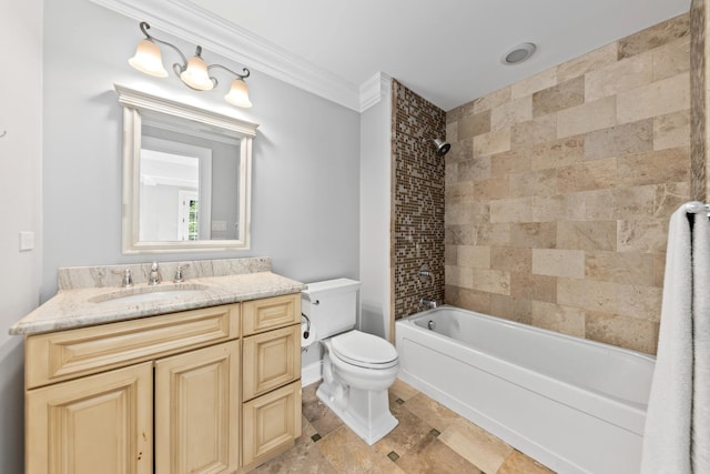 655 Thornwood Dr, Naperville, IL 60540 - bathroom with vanity, ornamental molding, toilet, bathtub / shower combination, and stone tile flooring