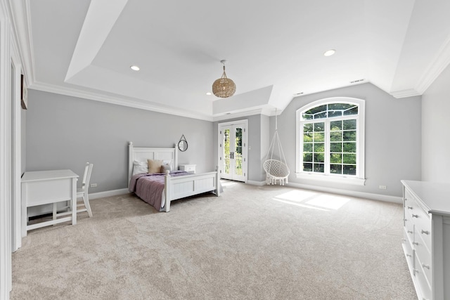 655 Thornwood Dr, Naperville, IL 60540 - carpeted bedroom featuring baseboards, lofted ceiling, crown molding, access to exterior, and recessed lighting