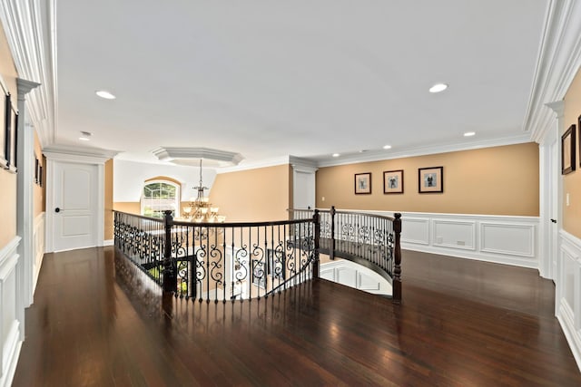 655 Thornwood Dr, Naperville, IL 60540 - corridor featuring an upstairs landing, a chandelier, wood finished floors, crown molding, and recessed lighting