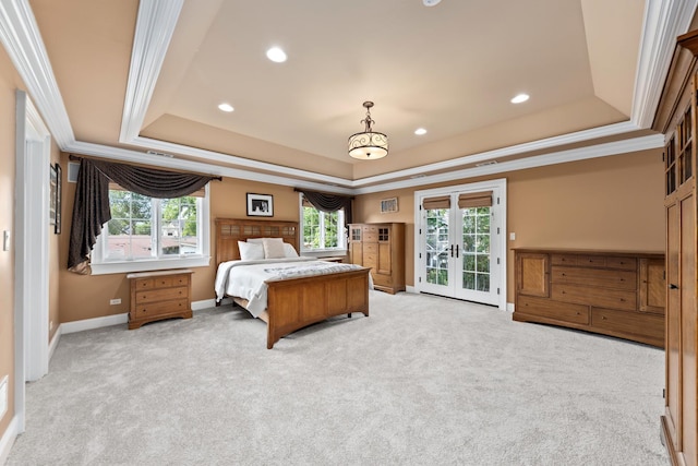 655 Thornwood Dr, Naperville, IL 60540 - bedroom featuring a raised ceiling, access to exterior, light colored carpet, french doors, and baseboards