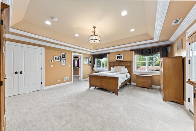 655 Thornwood Dr, Naperville, IL 60540 - bedroom with a raised ceiling, ornamental molding, light colored carpet, baseboards, and recessed lighting