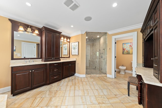 655 Thornwood Dr, Naperville, IL 60540 - full bath featuring a stall shower, a bidet, crown molding, double vanity, and recessed lighting