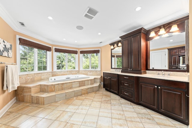 655 Thornwood Dr, Naperville, IL 60540 - bathroom with double vanity, a bath, ornamental molding, recessed lighting, and baseboards