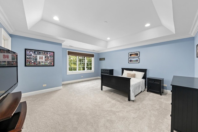 655 Thornwood Dr, Naperville, IL 60540 - bedroom featuring a raised ceiling, baseboards, light colored carpet, crown molding, and recessed lighting