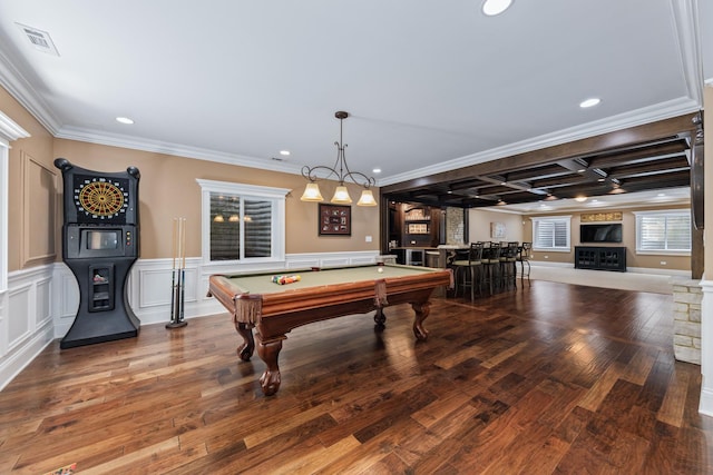 655 Thornwood Dr, Naperville, IL 60540 - rec room with billiards table, recessed lighting, ornamental molding, wood finished floors, and coffered ceiling