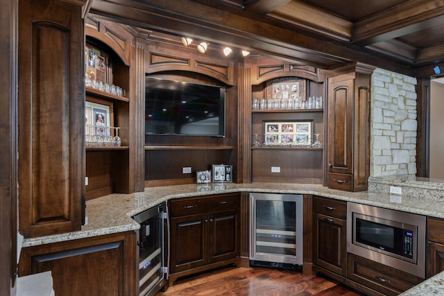 655 Thornwood Dr, Naperville, IL 60540 - bar featuring beverage cooler, stainless steel microwave, dark wood finished floors, beamed ceiling, and ornamental molding