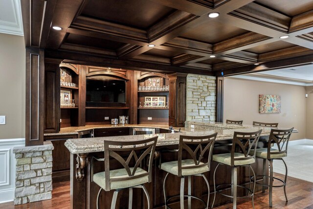 655 Thornwood Dr, Naperville, IL 60540 - bar featuring crown molding, coffered ceiling, beam ceiling, dark wood-style flooring, and recessed lighting